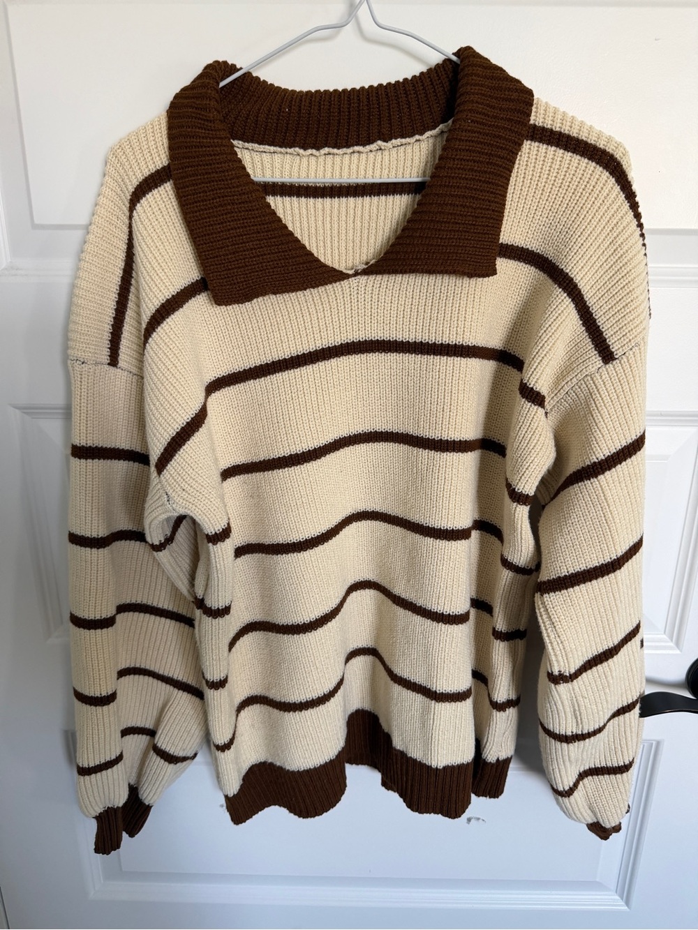 SHEIN Cream & Brown Striped V‑Neck Collared Sweater
